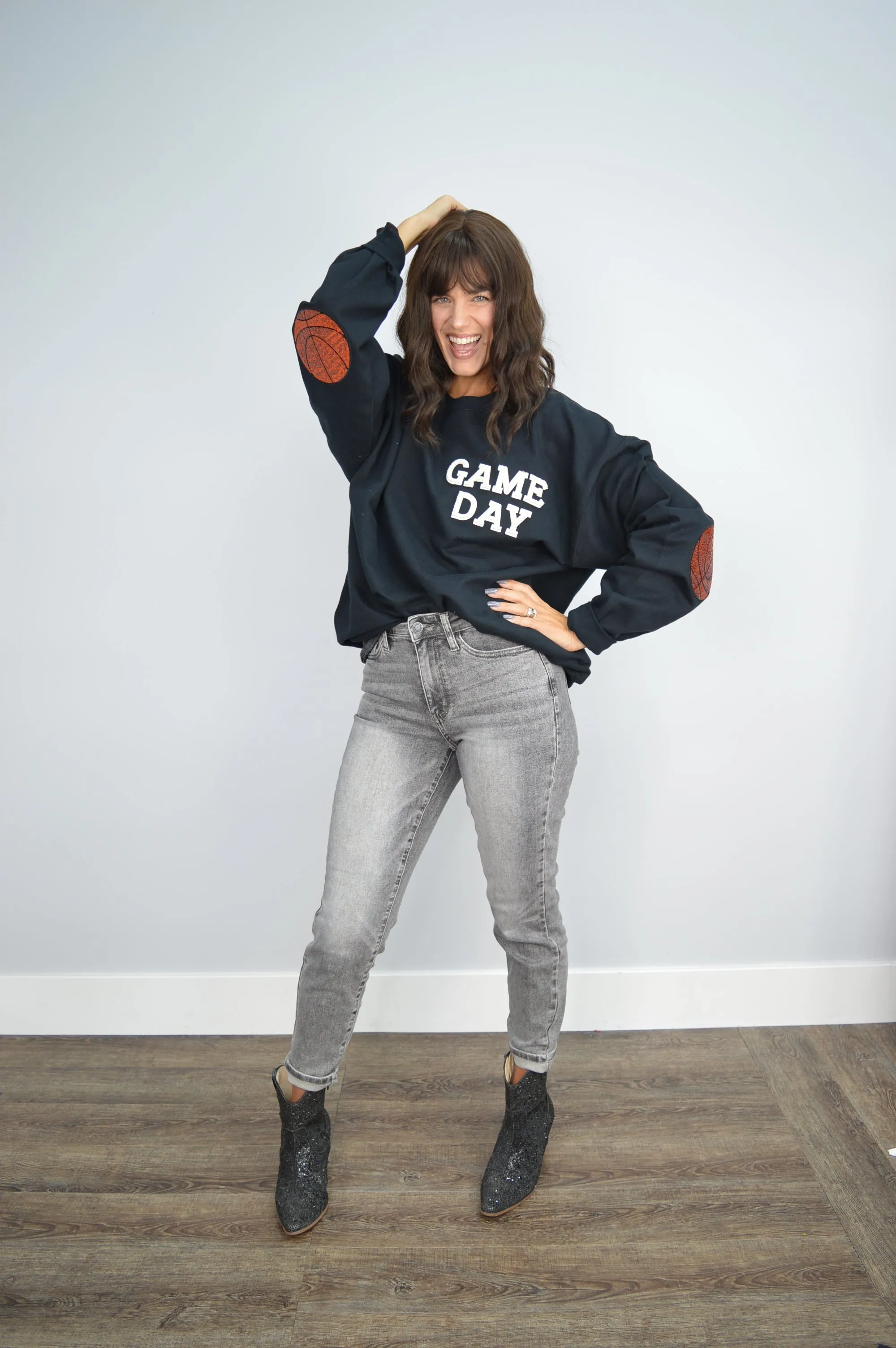 Hazel Blues® |  Game Day Pearl w/Basketball Patch Sweatshirt
