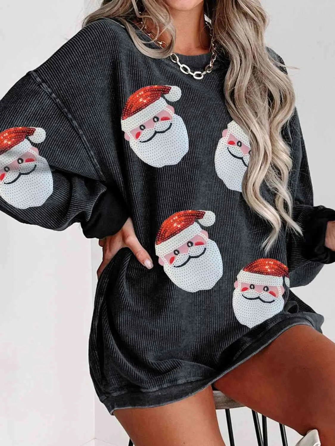 Hazel Blues® |  Sequin Santa Patch Ribbed Sweatshirt