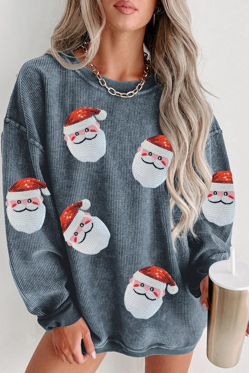 Hazel Blues® |  Sequin Santa Patch Ribbed Sweatshirt