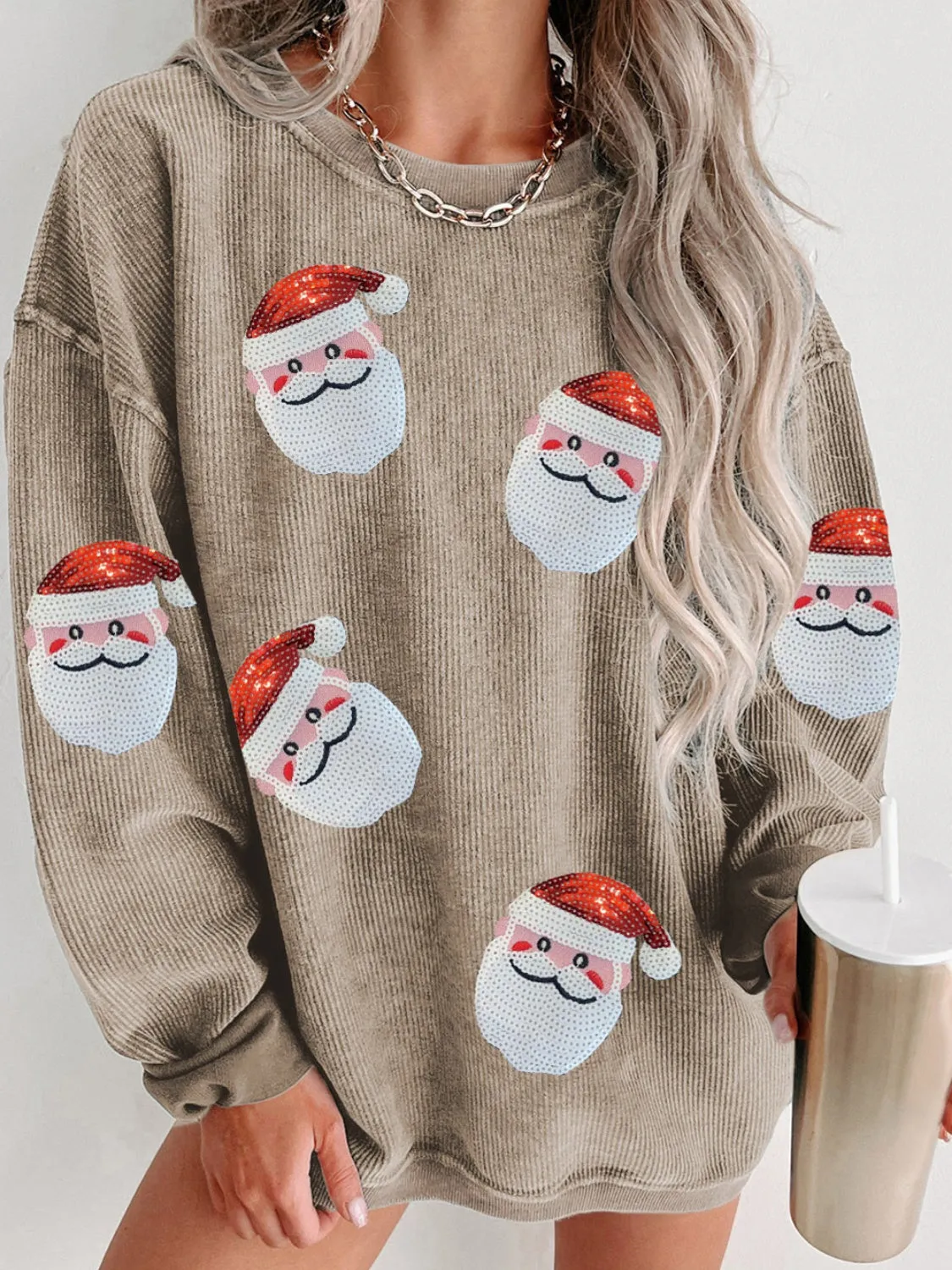 Hazel Blues® |  Sequin Santa Patch Ribbed Sweatshirt