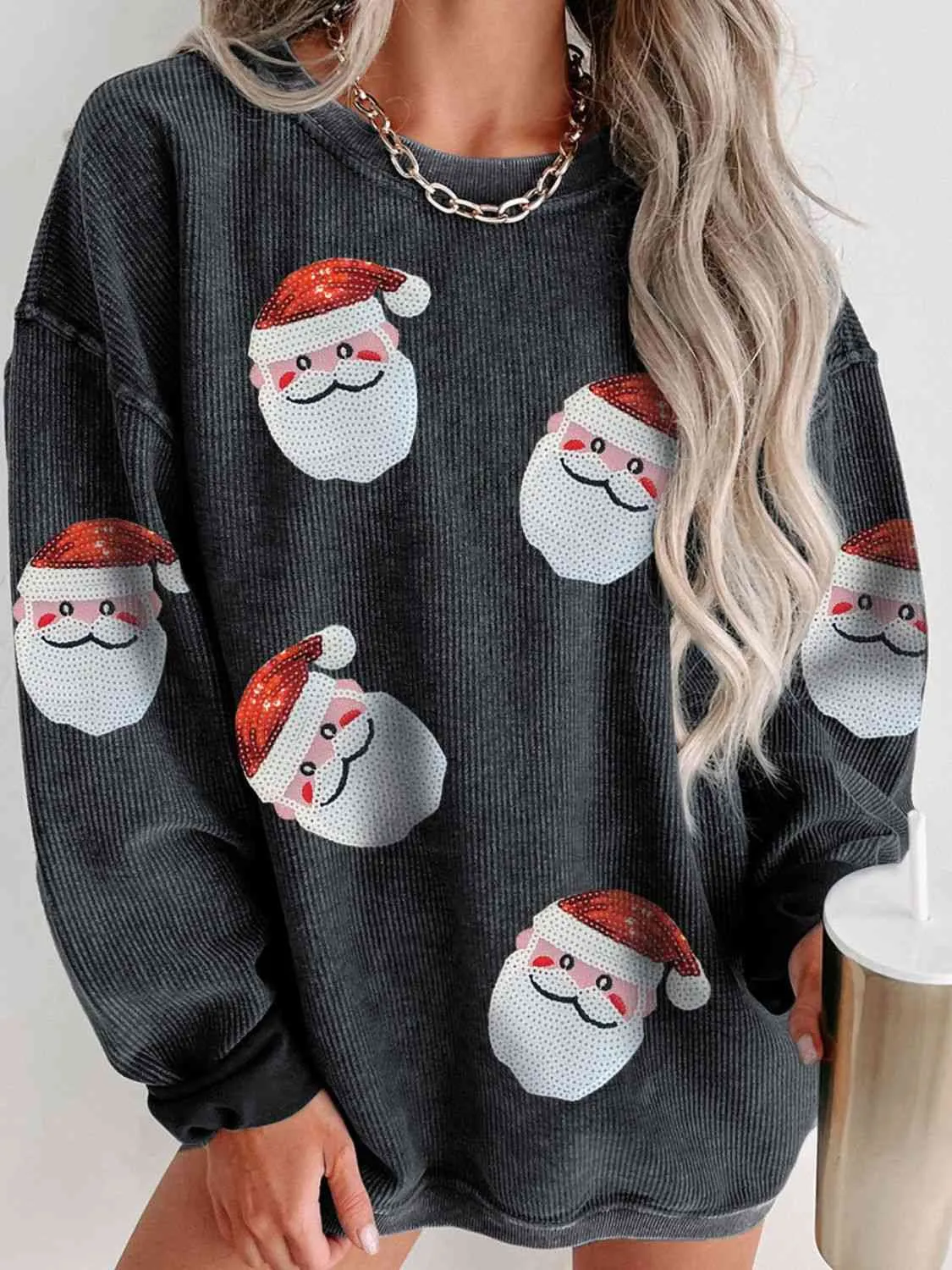 Hazel Blues® |  Sequin Santa Patch Ribbed Sweatshirt