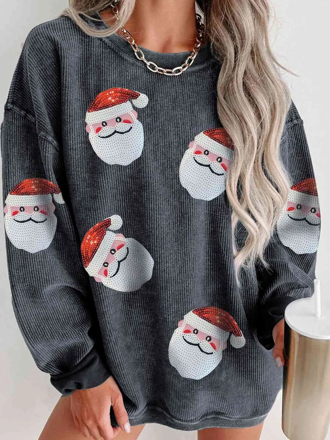 Hazel Blues® |  Sequin Santa Patch Ribbed Sweatshirt
