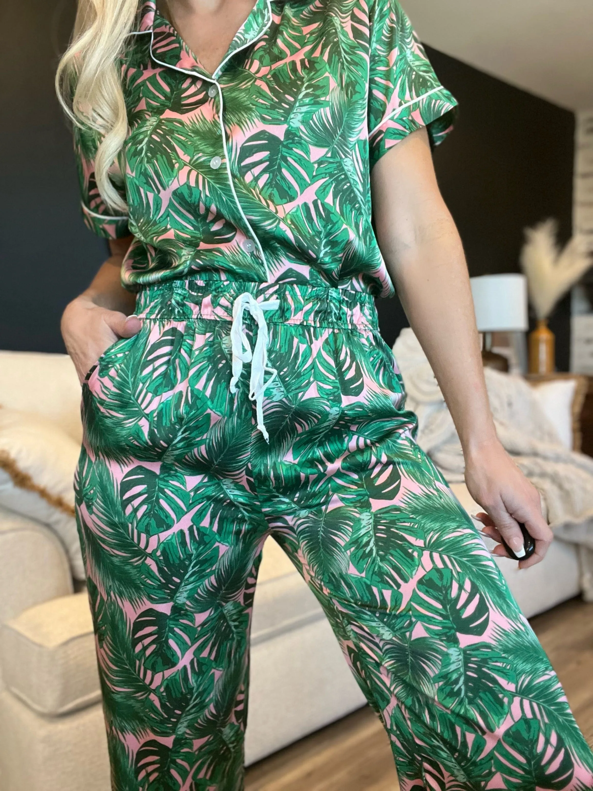 Hello Mello Satin Beauty Sleep Pajama Pants-Pink Palm