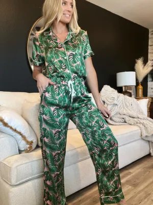 Hello Mello Satin Beauty Sleep Pajama Pants-Pink Palm