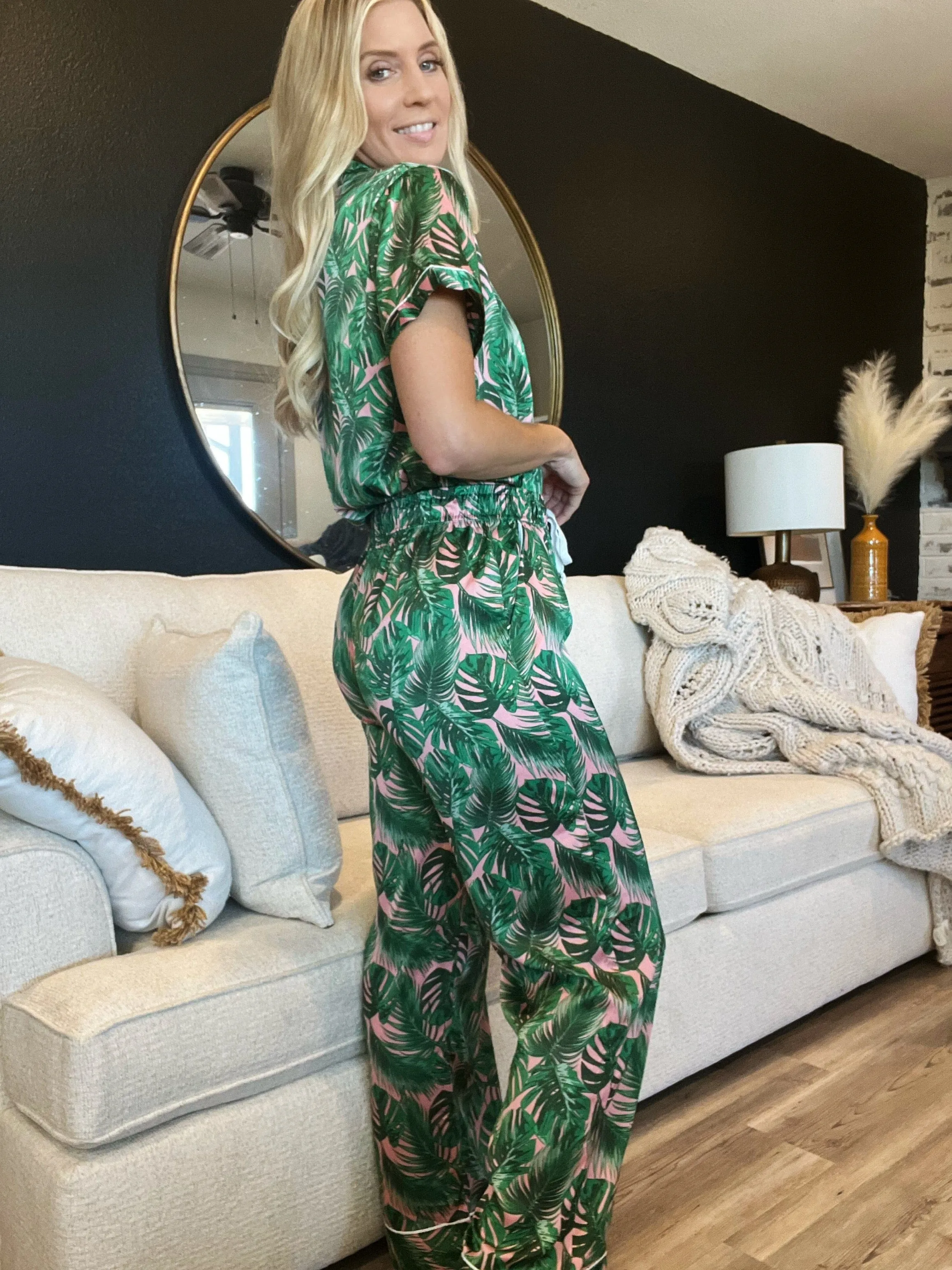 Hello Mello Satin Beauty Sleep Pajama Pants-Pink Palm
