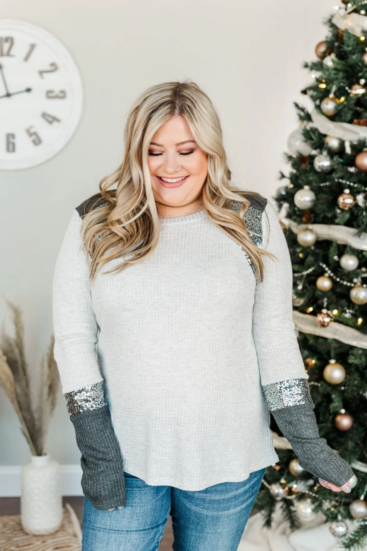 Holiday Magic Sequin Color Block Top- Charcoal & Light Grey