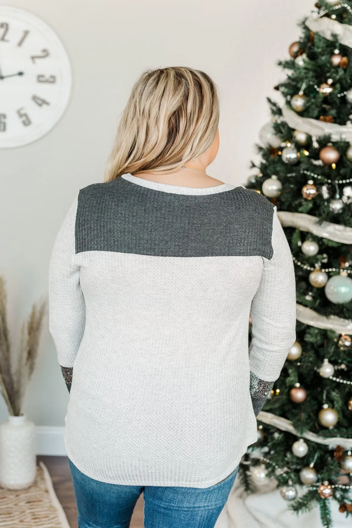 Holiday Magic Sequin Color Block Top- Charcoal & Light Grey