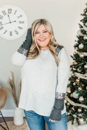 Holiday Magic Sequin Color Block Top- Charcoal & Light Grey