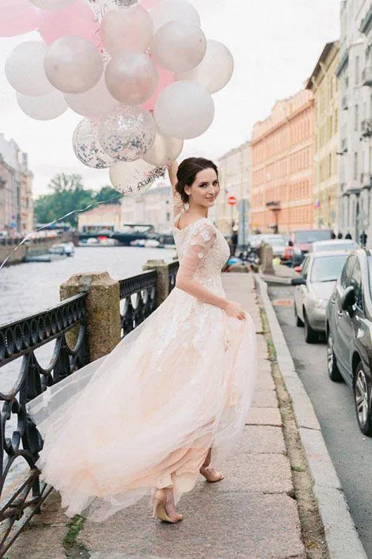 Illusion Long-sleeves Lace Wedding Gown with Blush Pink Tulle Skirt