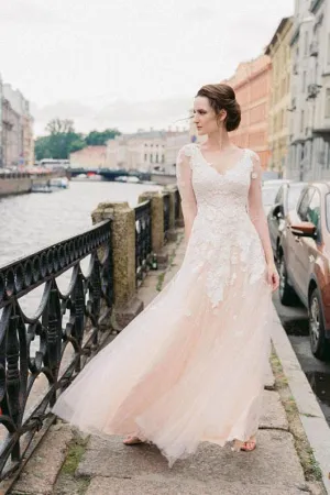 Illusion Long-sleeves Lace Wedding Gown with Blush Pink Tulle Skirt