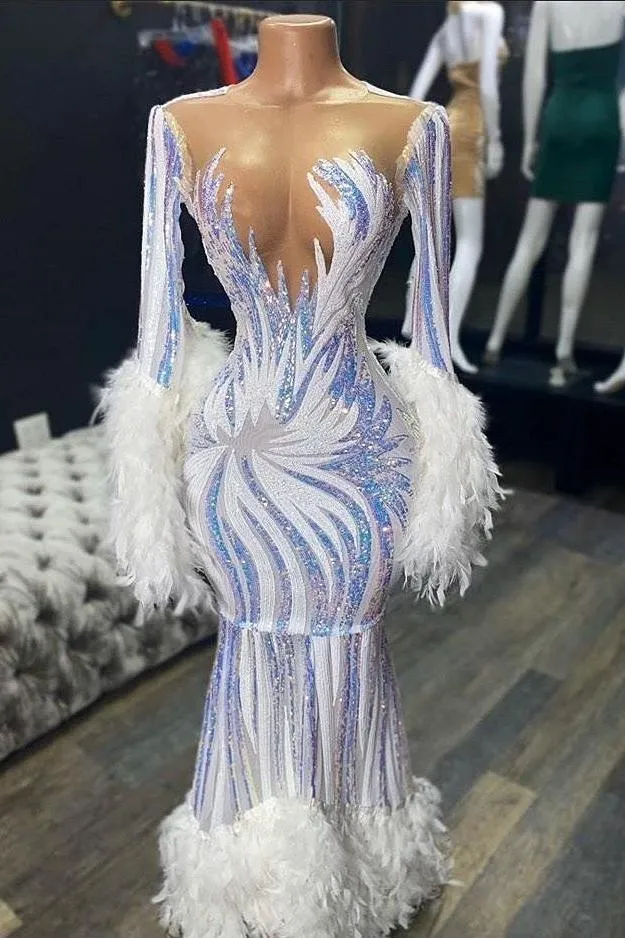 Illusion neck Long Sleeves Luxurious Fur Sequin Mermaid Prom Party Gowns