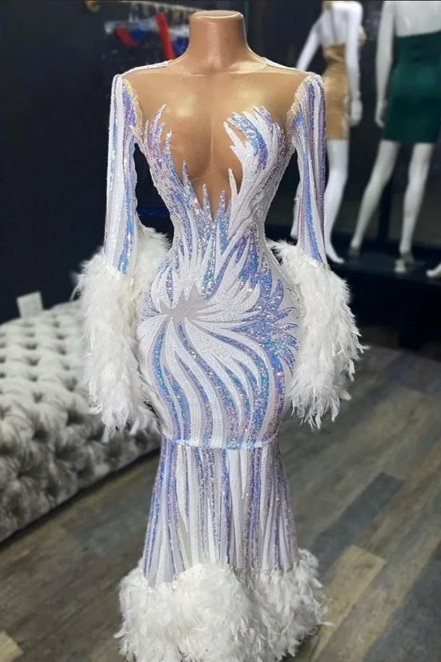 Illusion neck Long Sleeves Luxurious Fur Sequin Mermaid Prom Party Gowns
