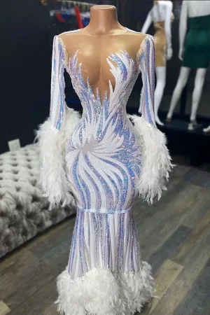 Illusion neck Long Sleeves Luxurious Fur Sequin Mermaid Prom Party Gowns