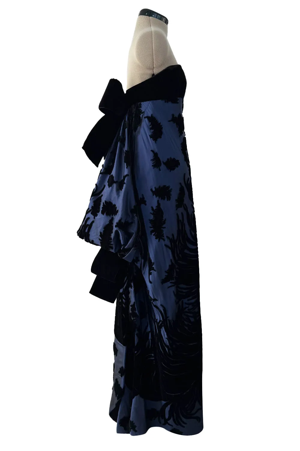 Incredible Fall 1987 Bill Blass Runway Deep Blue Silk & Black Velvet Dress w Back Bustles & Bows