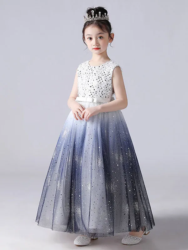 Ink Blue Jewel Neck Sleeveless Sequins Kids Social Party Dresses Princess Dress