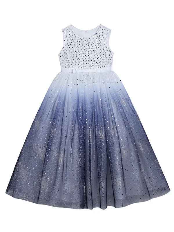 Ink Blue Jewel Neck Sleeveless Sequins Kids Social Party Dresses Princess Dress