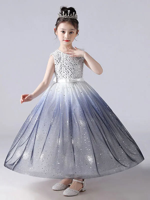 Ink Blue Jewel Neck Sleeveless Sequins Kids Social Party Dresses Princess Dress