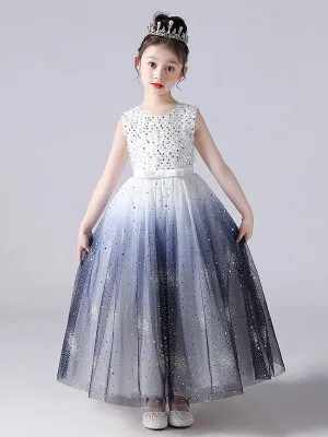 Ink Blue Jewel Neck Sleeveless Sequins Kids Social Party Dresses Princess Dress