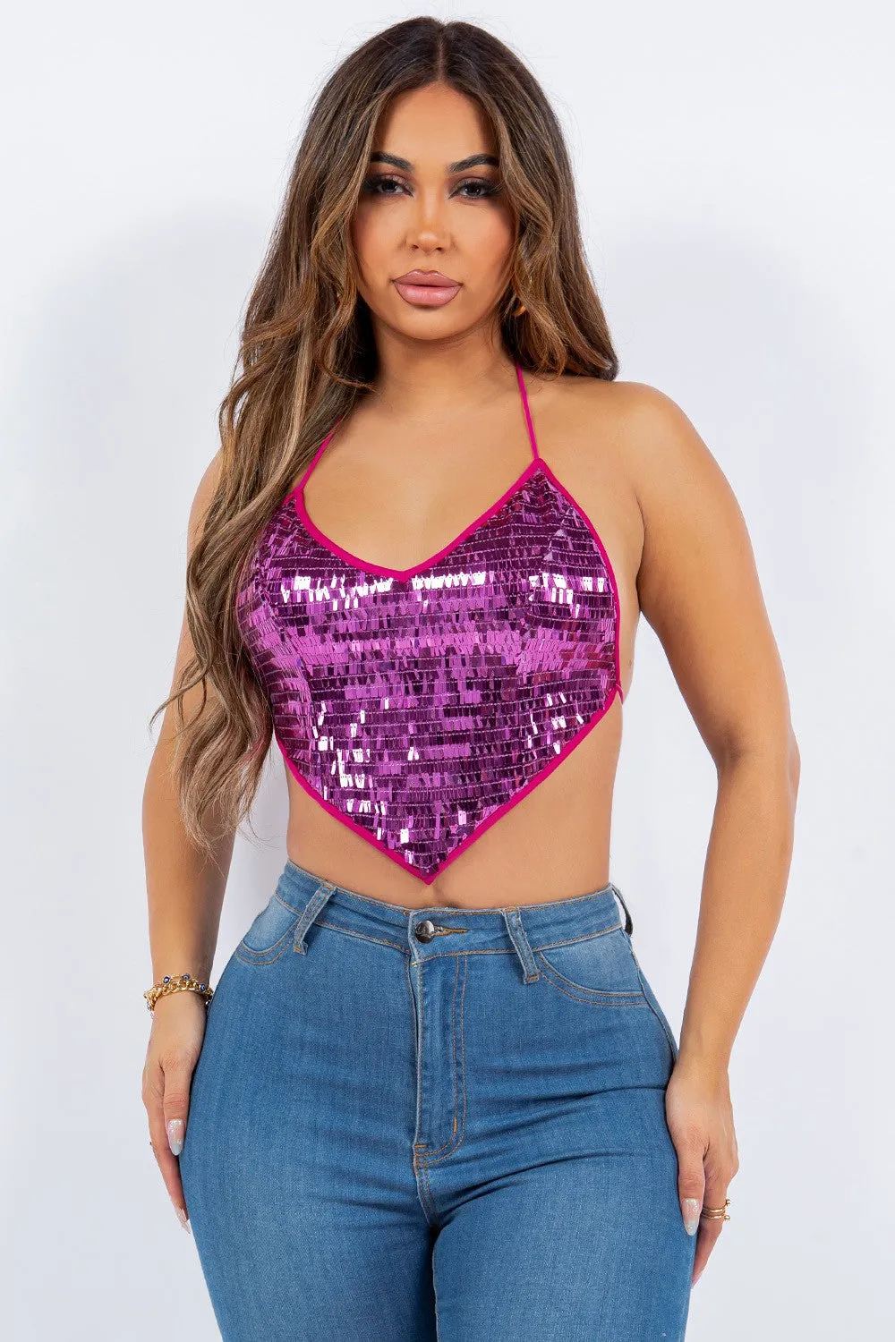 Iridescent Black Sequin Open Back Crop Top 3/22/24 8343
