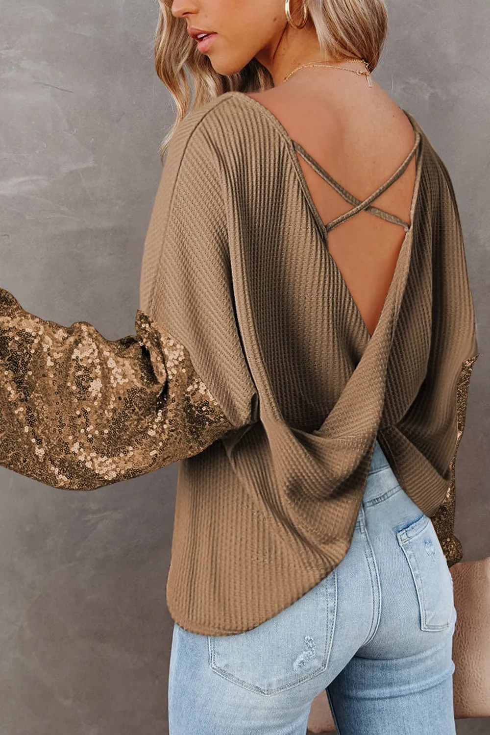 Jennifer Sequin Waffle-Knit Top with Criss-Cross Detail