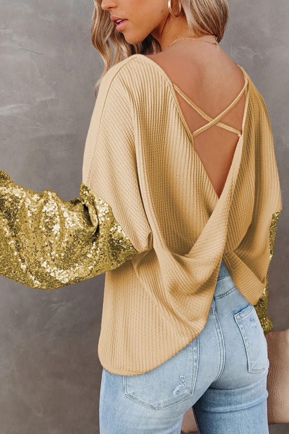 Jennifer Sequin Waffle-Knit Top with Criss-Cross Detail