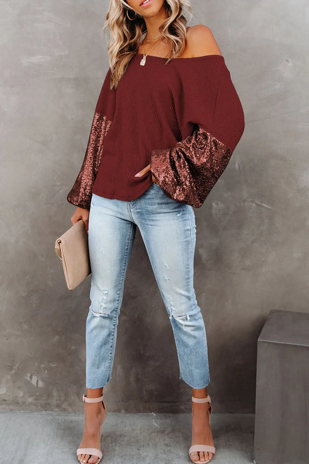 Jennifer Sequin Waffle-Knit Top with Criss-Cross Detail