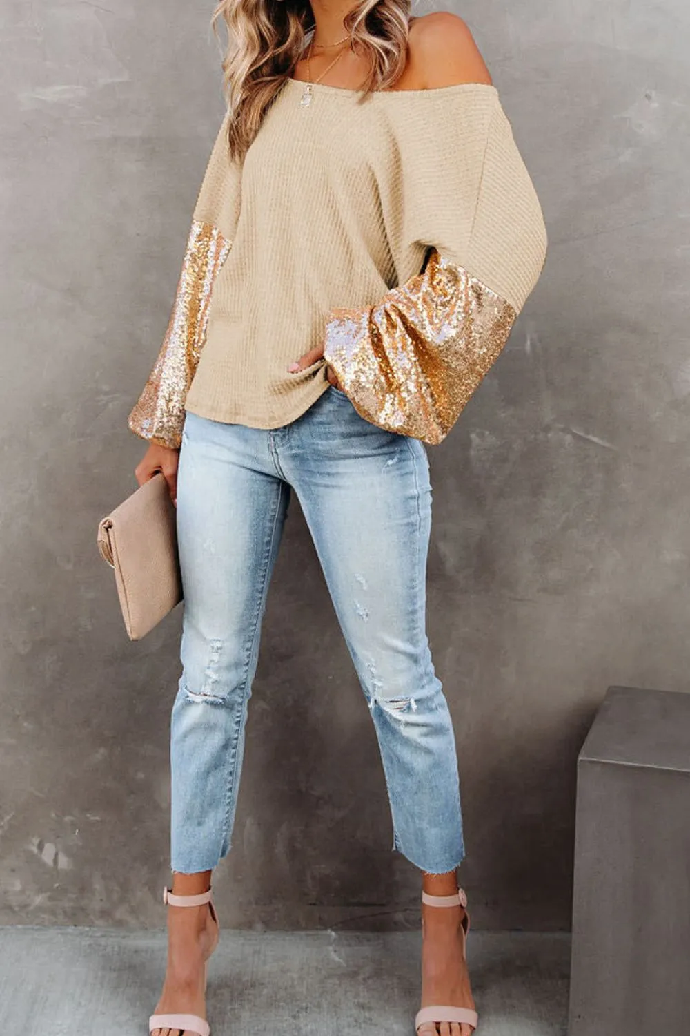 Jennifer Sequin Waffle-Knit Top with Criss-Cross Detail