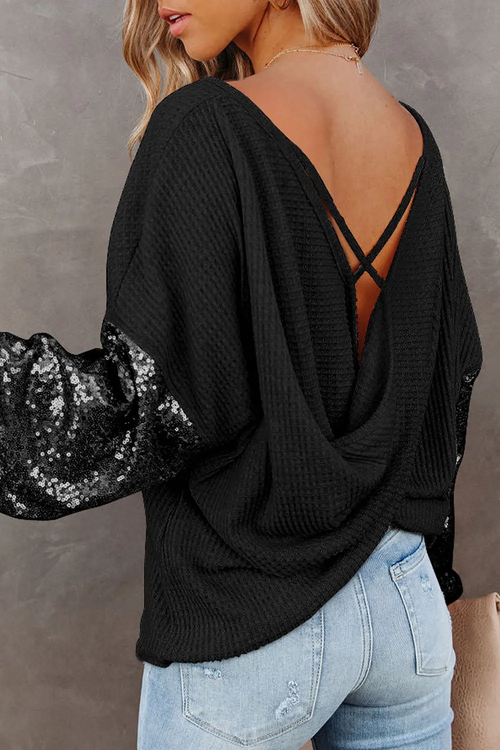 Jennifer Sequin Waffle-Knit Top with Criss-Cross Detail