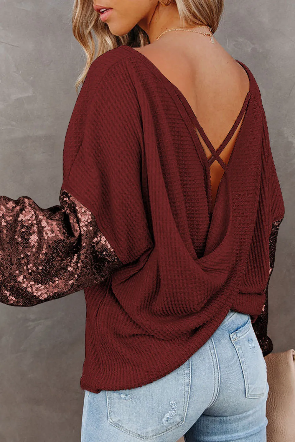 Jennifer Sequin Waffle-Knit Top with Criss-Cross Detail