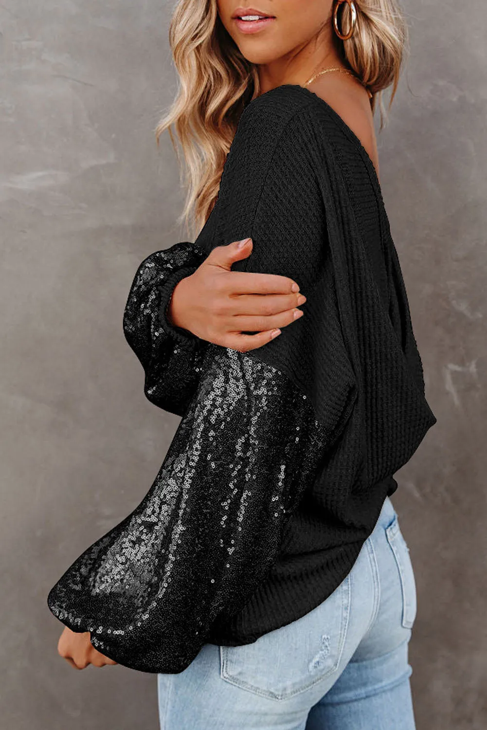 Jennifer Sequin Waffle-Knit Top with Criss-Cross Detail