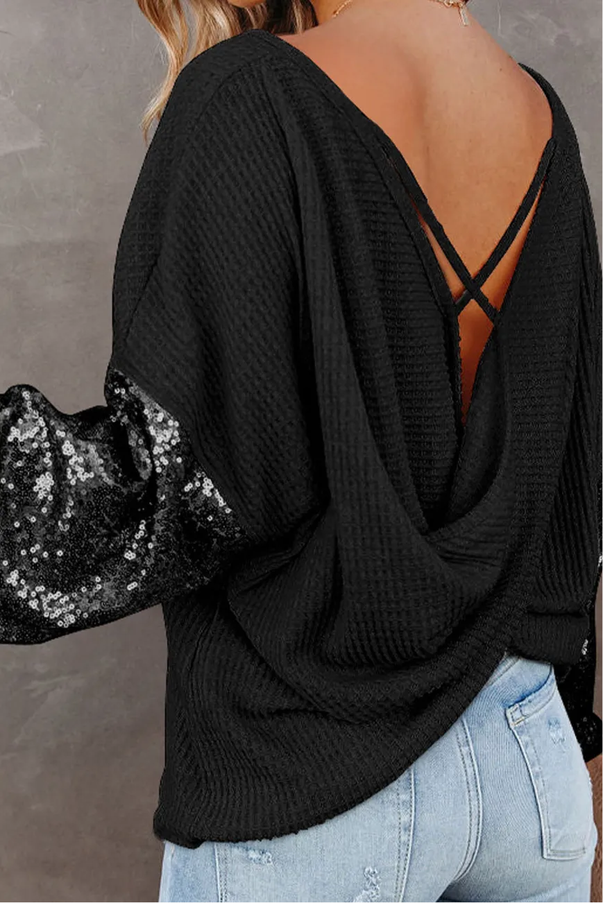 Jennifer Sequin Waffle-Knit Top with Criss-Cross Detail