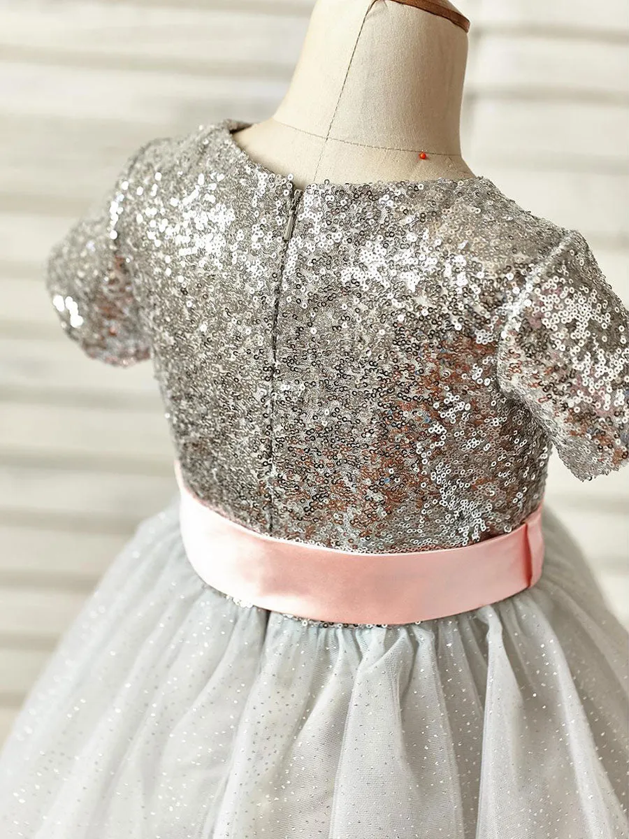 Jewel Neck Short Sleeves Sash Kids Party Dresses