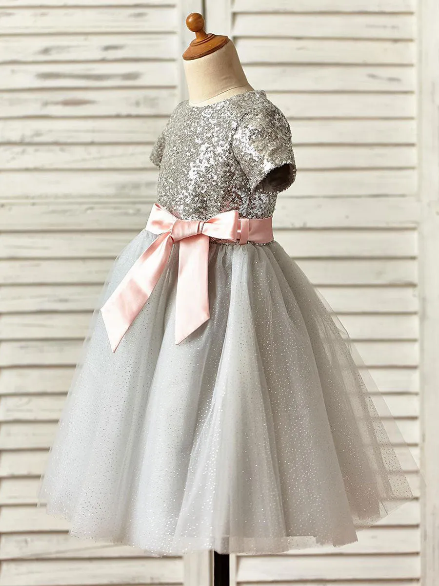 Jewel Neck Short Sleeves Sash Kids Party Dresses