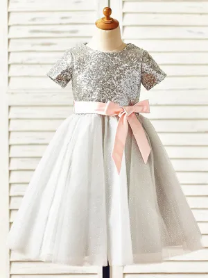 Jewel Neck Short Sleeves Sash Kids Party Dresses
