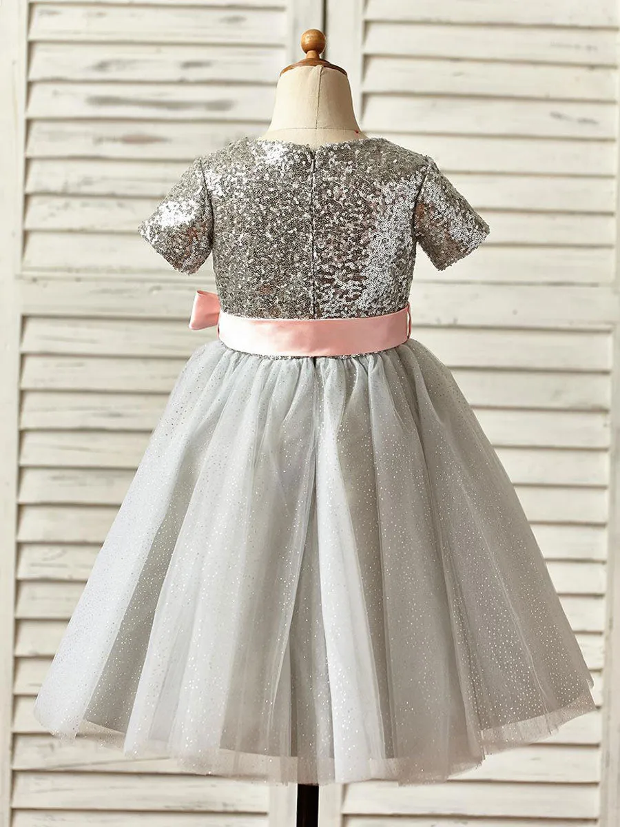 Jewel Neck Short Sleeves Sash Kids Party Dresses