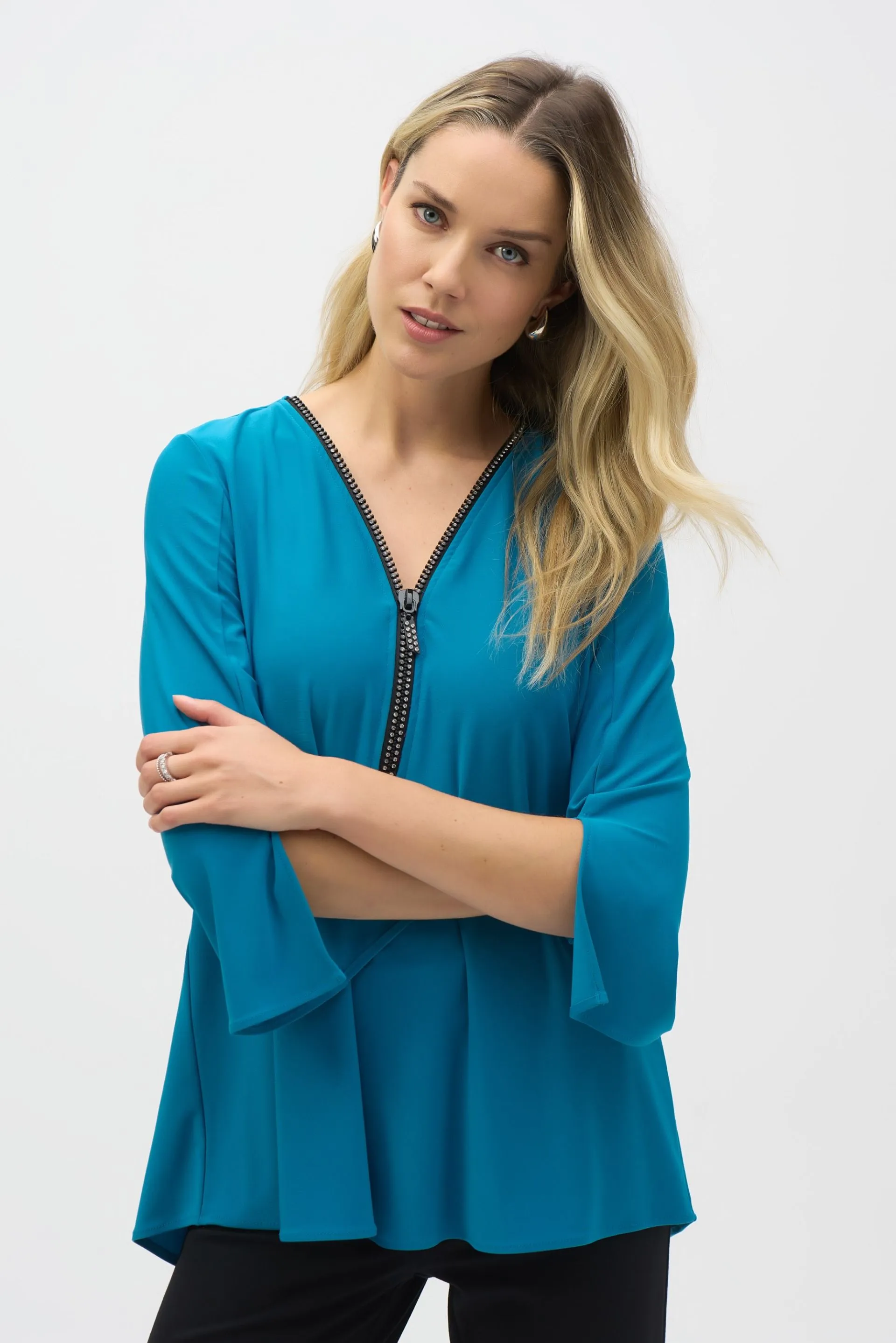 Joseph Ribkoff Embellished Zip Front Split Sleeve Tunic Top 243314