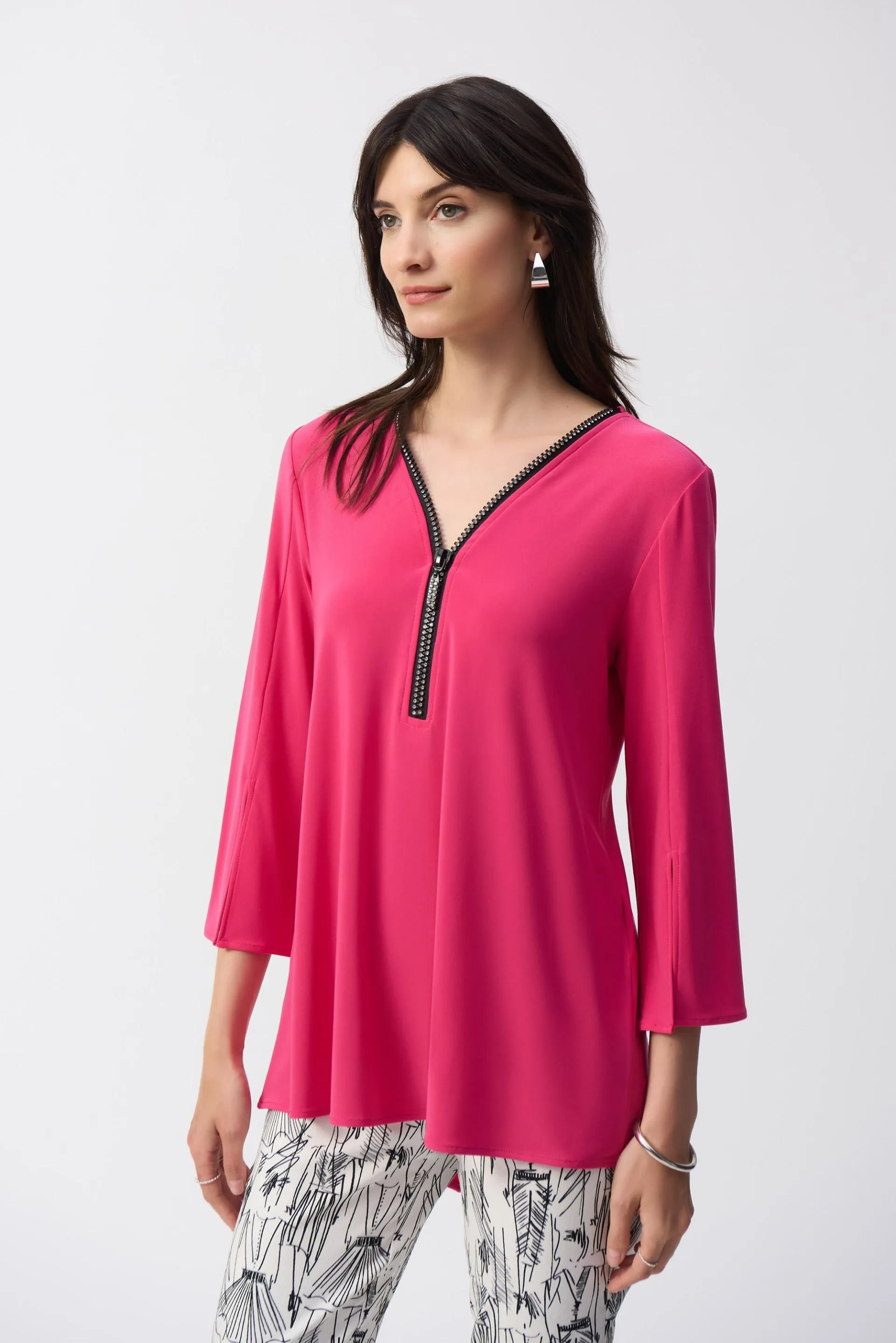 Joseph Ribkoff Embellished Zip Front Split Sleeve Tunic Top 243314