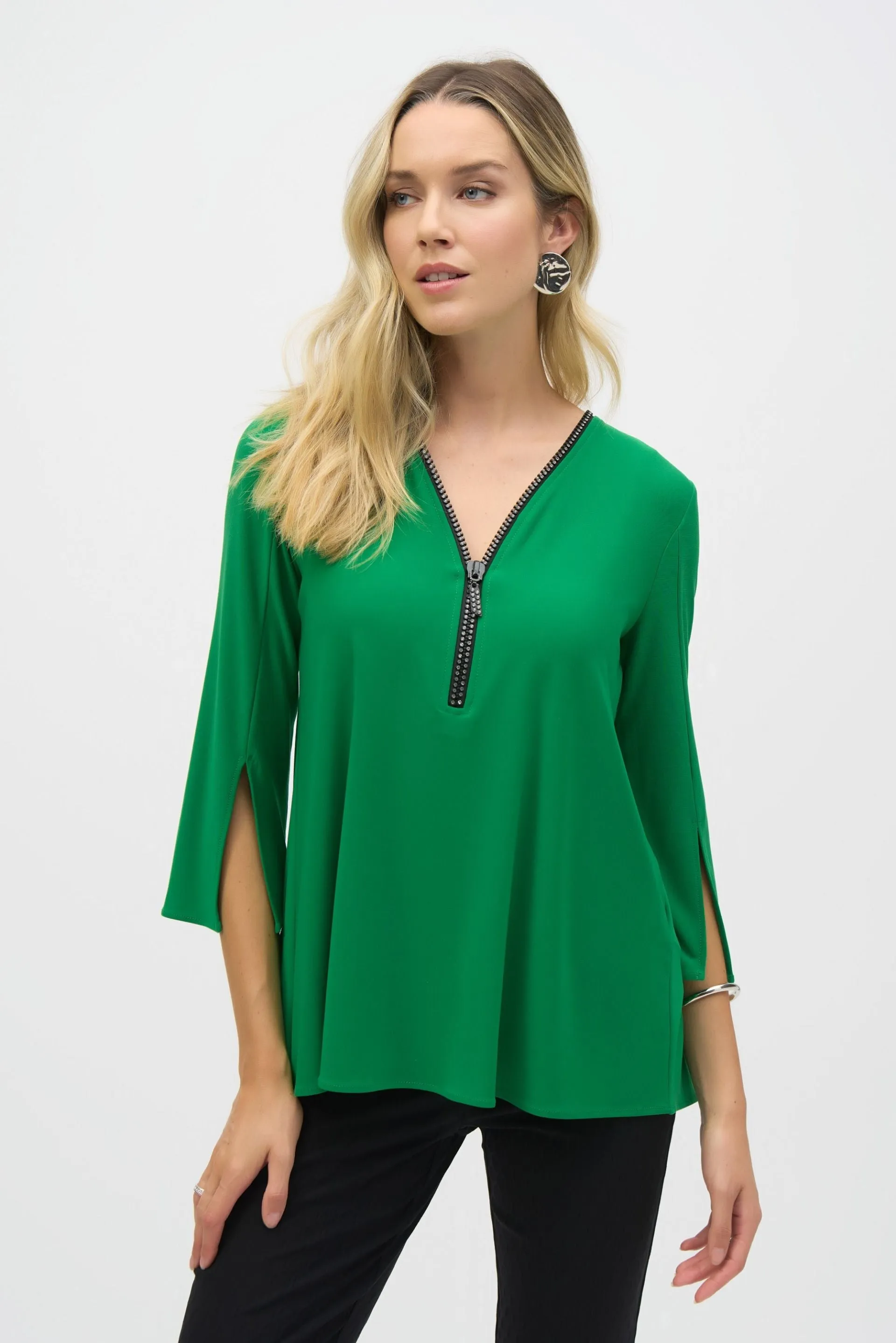 Joseph Ribkoff Embellished Zip Front Split Sleeve Tunic Top 243314
