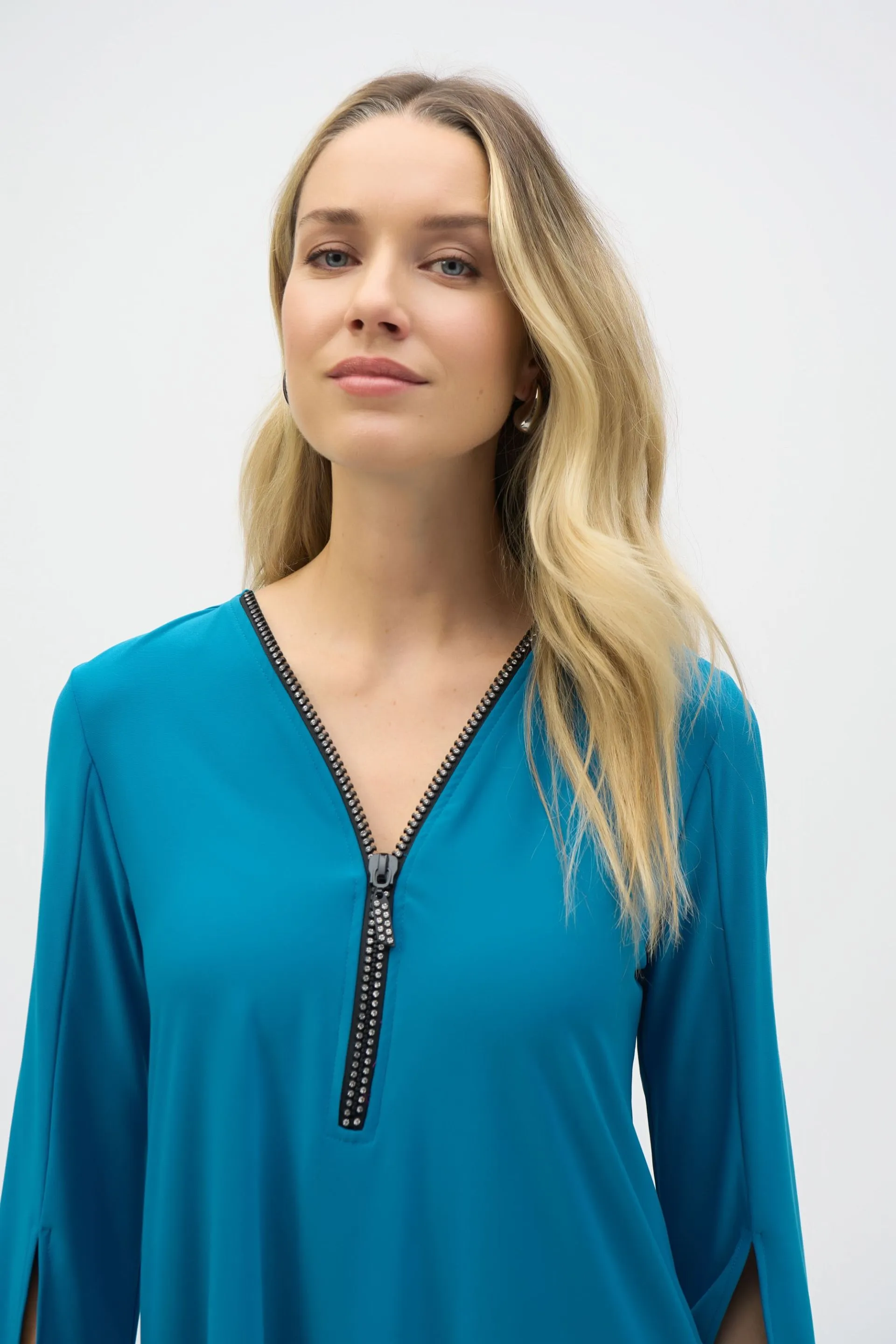 Joseph Ribkoff Embellished Zip Front Split Sleeve Tunic Top 243314