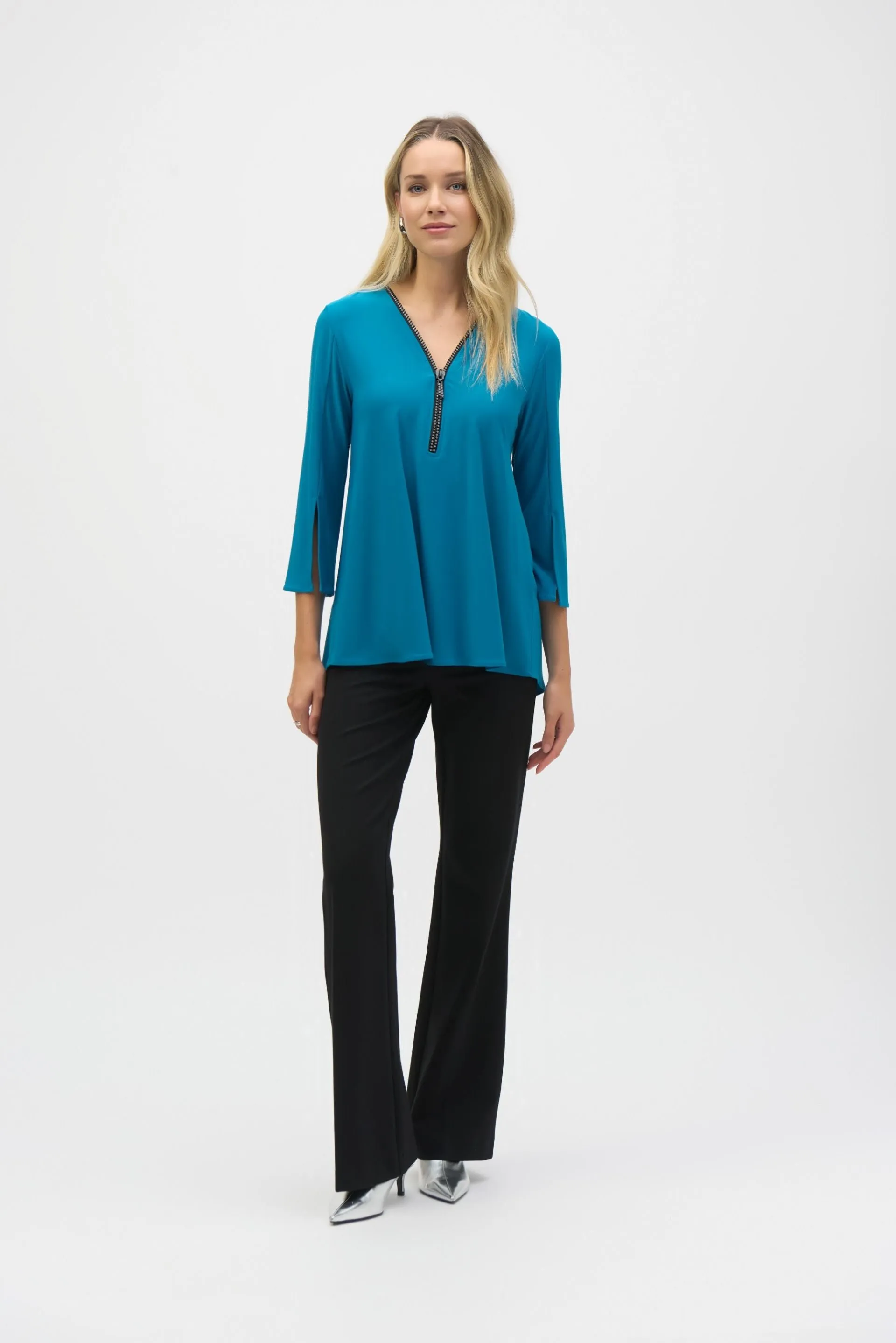 Joseph Ribkoff Embellished Zip Front Split Sleeve Tunic Top 243314