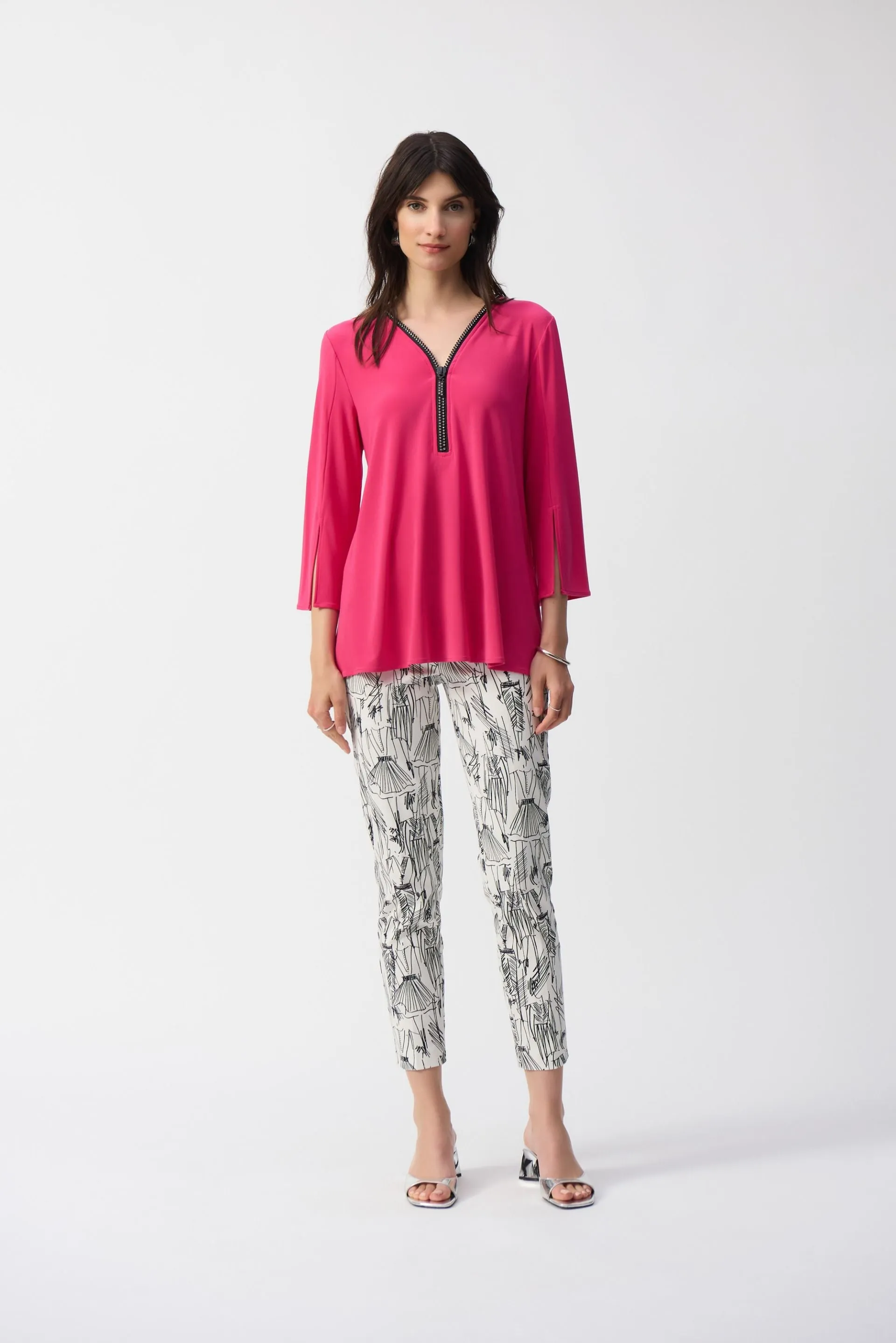 Joseph Ribkoff Embellished Zip Front Split Sleeve Tunic Top 243314