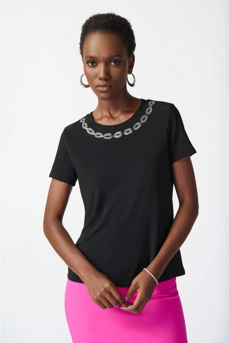 Joseph Ribkoff Rhinestone Detail Short Sleeve T-Shirt Top 241019