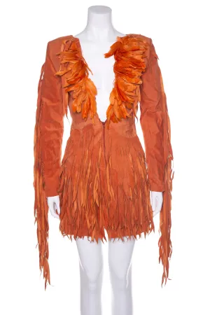 Julie Ewing Orange Raw Suede Custom Feather and Fringe Dress SZ S