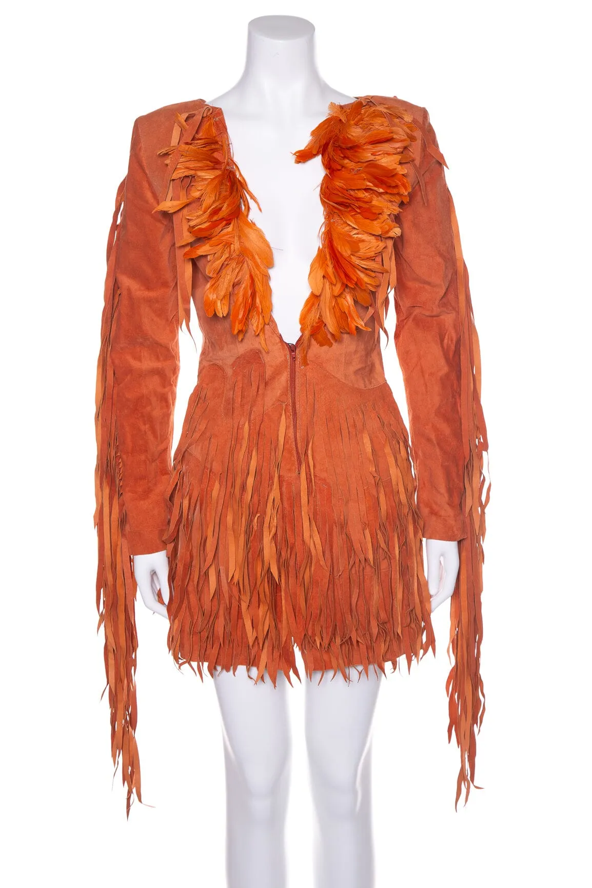 Julie Ewing Orange Raw Suede Custom Feather and Fringe Dress SZ S