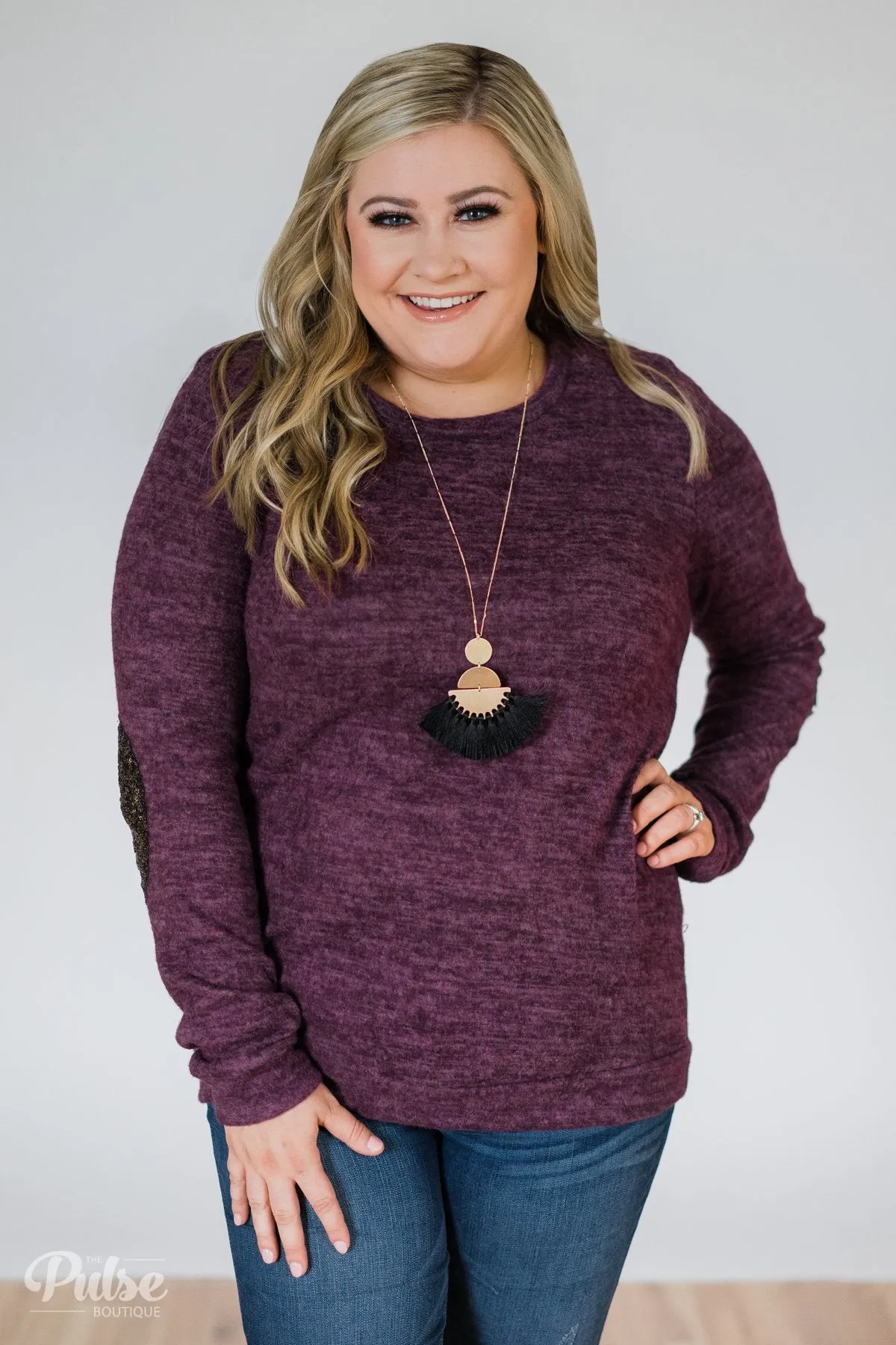 Just Enough Sequin Elbow Patch Sweater- Eggplant