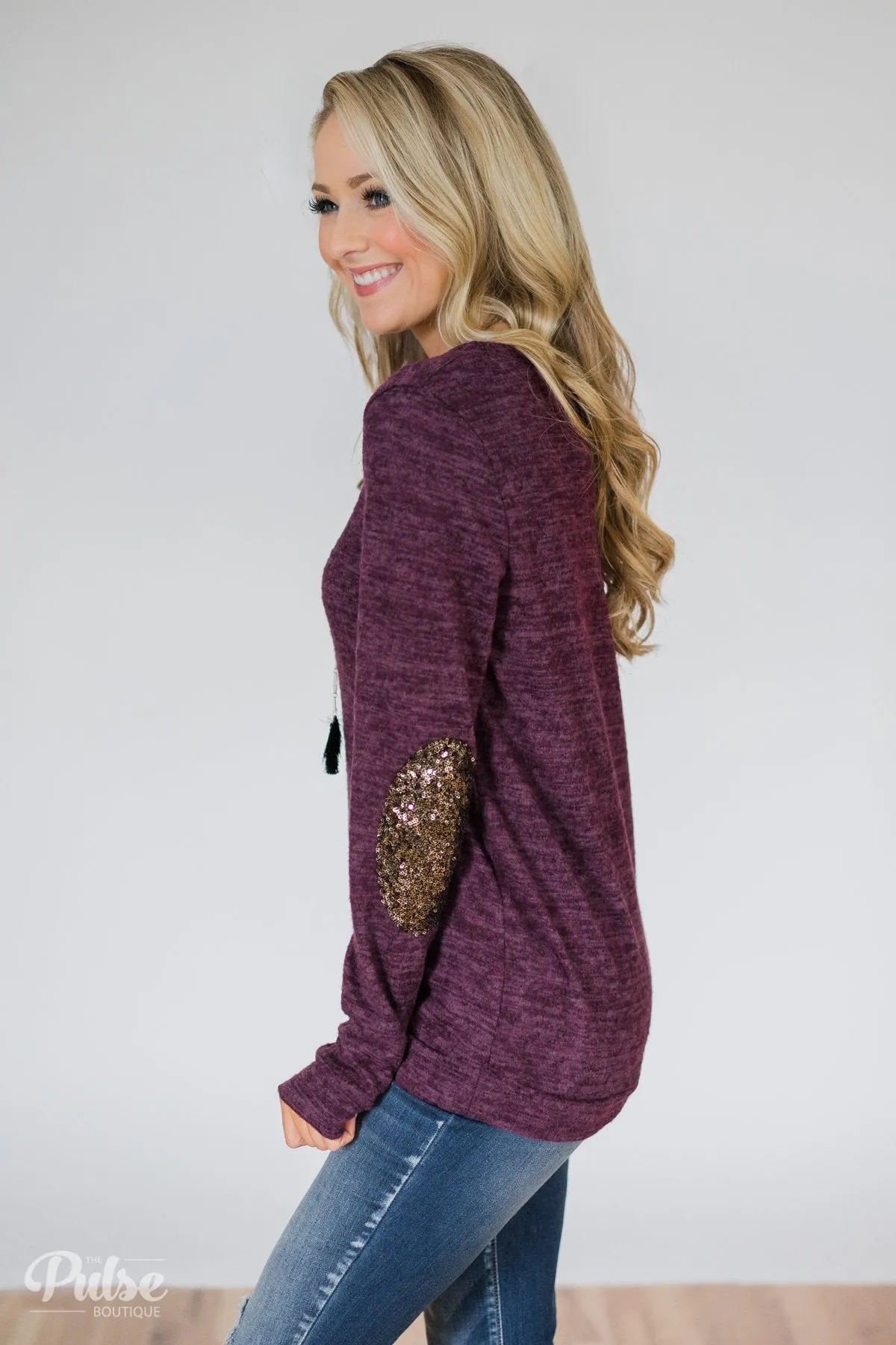 Just Enough Sequin Elbow Patch Sweater- Eggplant