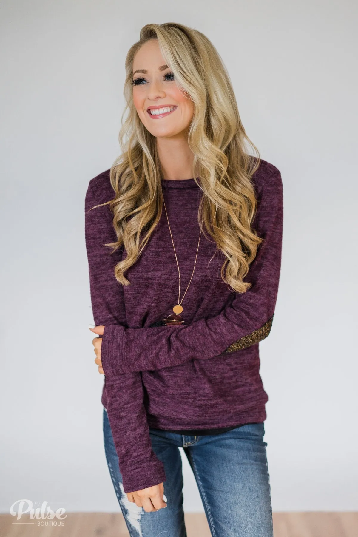 Just Enough Sequin Elbow Patch Sweater- Eggplant