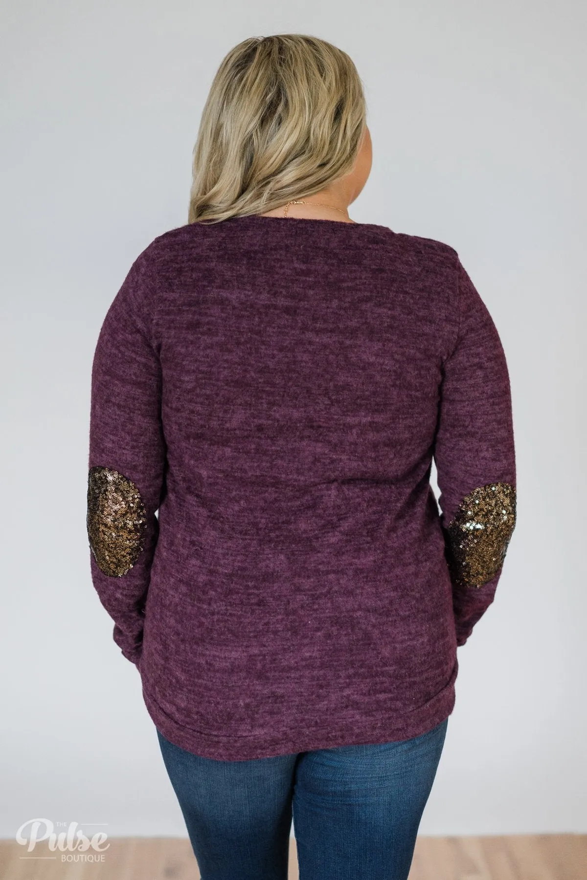 Just Enough Sequin Elbow Patch Sweater- Eggplant