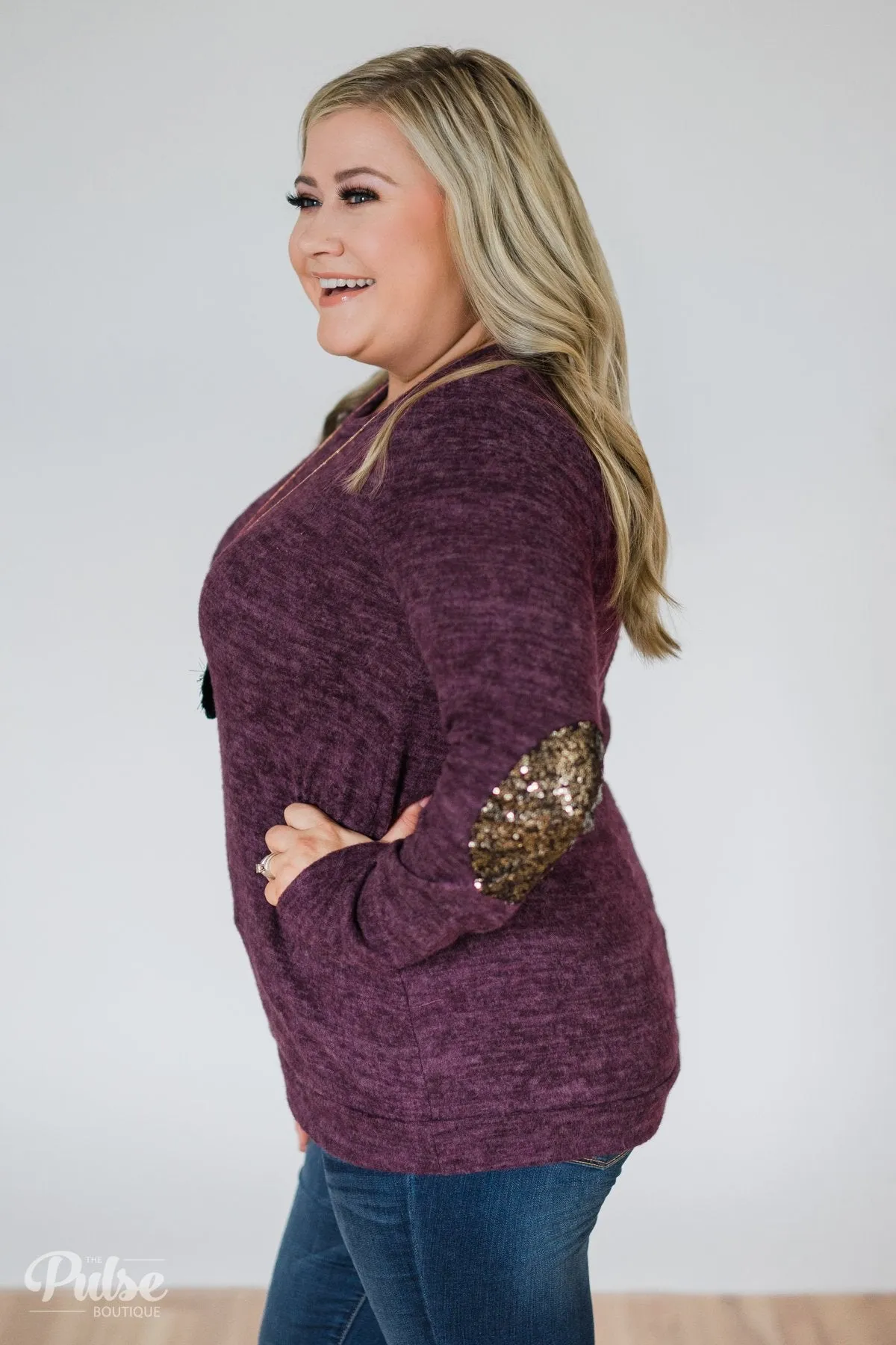 Just Enough Sequin Elbow Patch Sweater- Eggplant