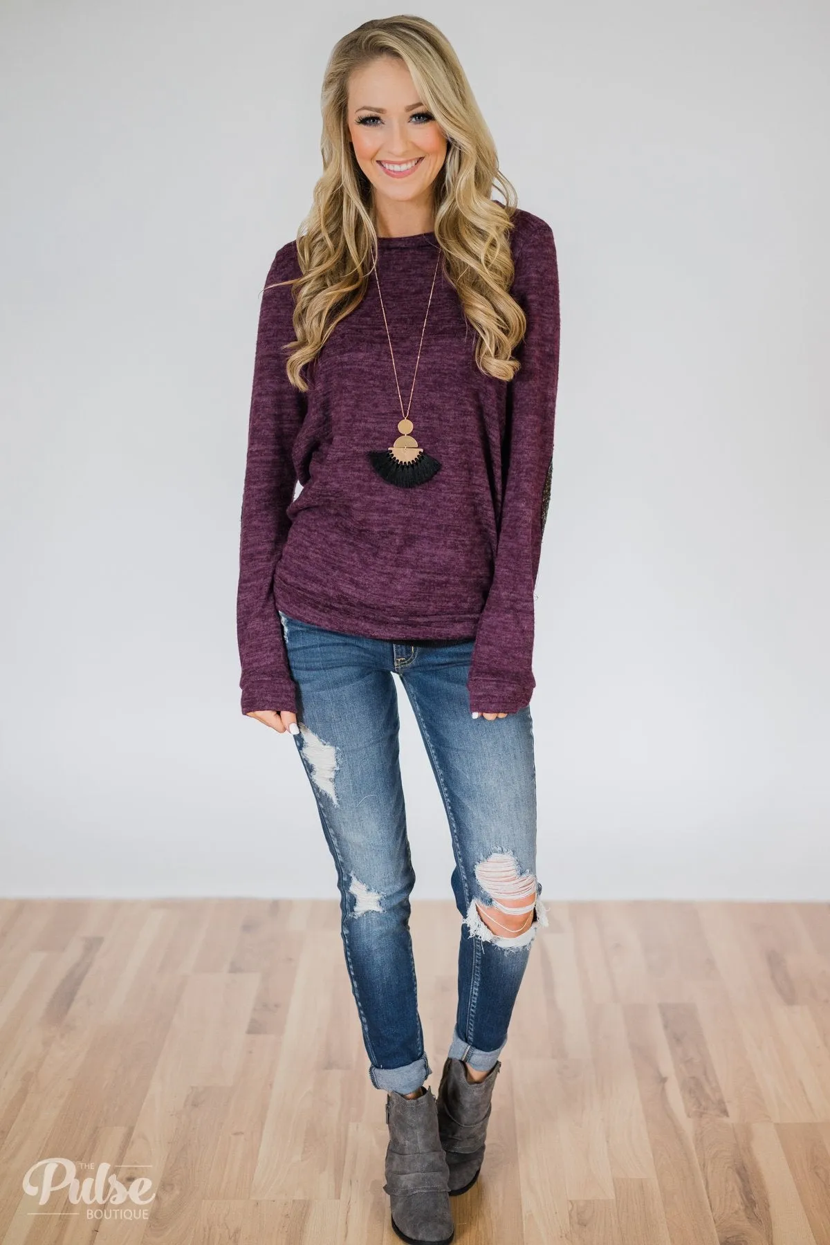 Just Enough Sequin Elbow Patch Sweater- Eggplant